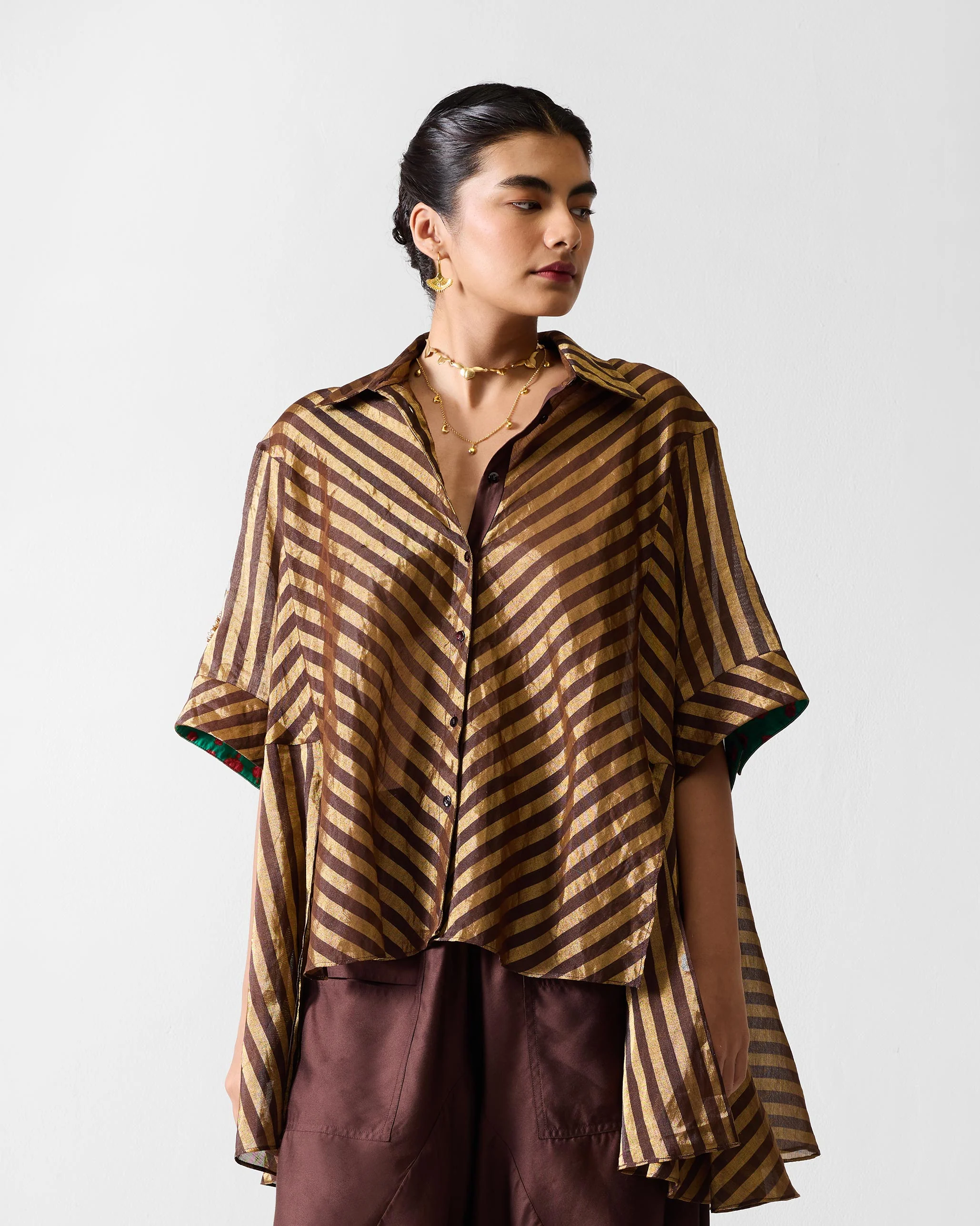 Ceylon Shirt - Chocolate Brown & Gold Stripes