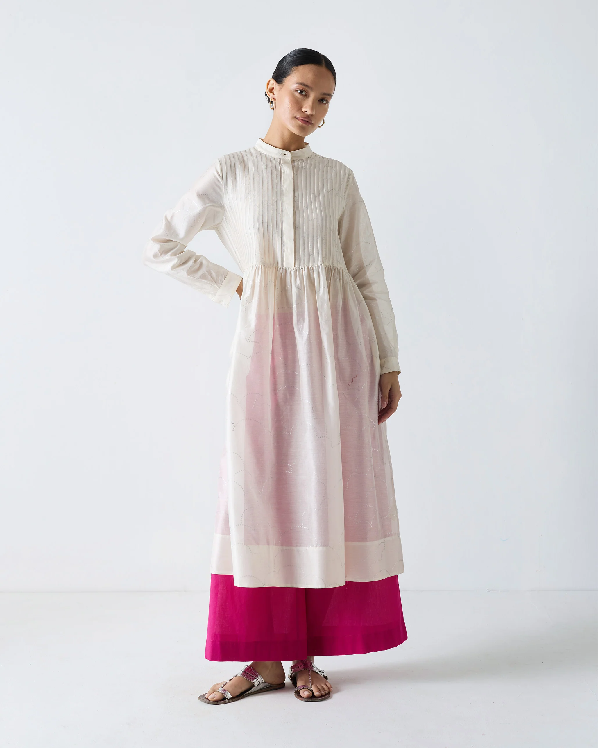 Crescent Pintuck Kurta - Ivory & Silver Print - Image 5