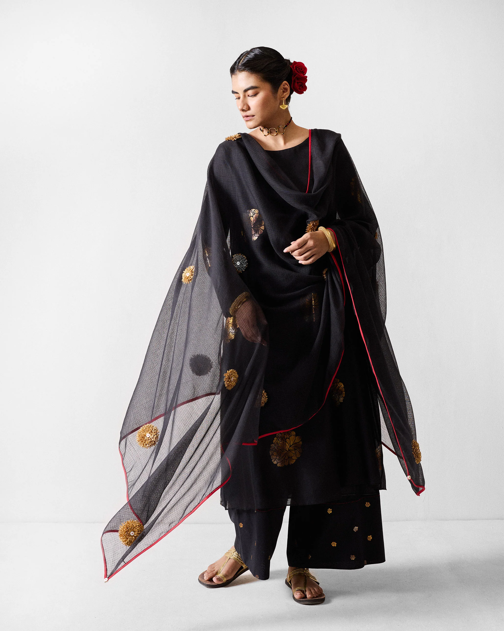 Raat Dupatta - Black & Gold Embroidered