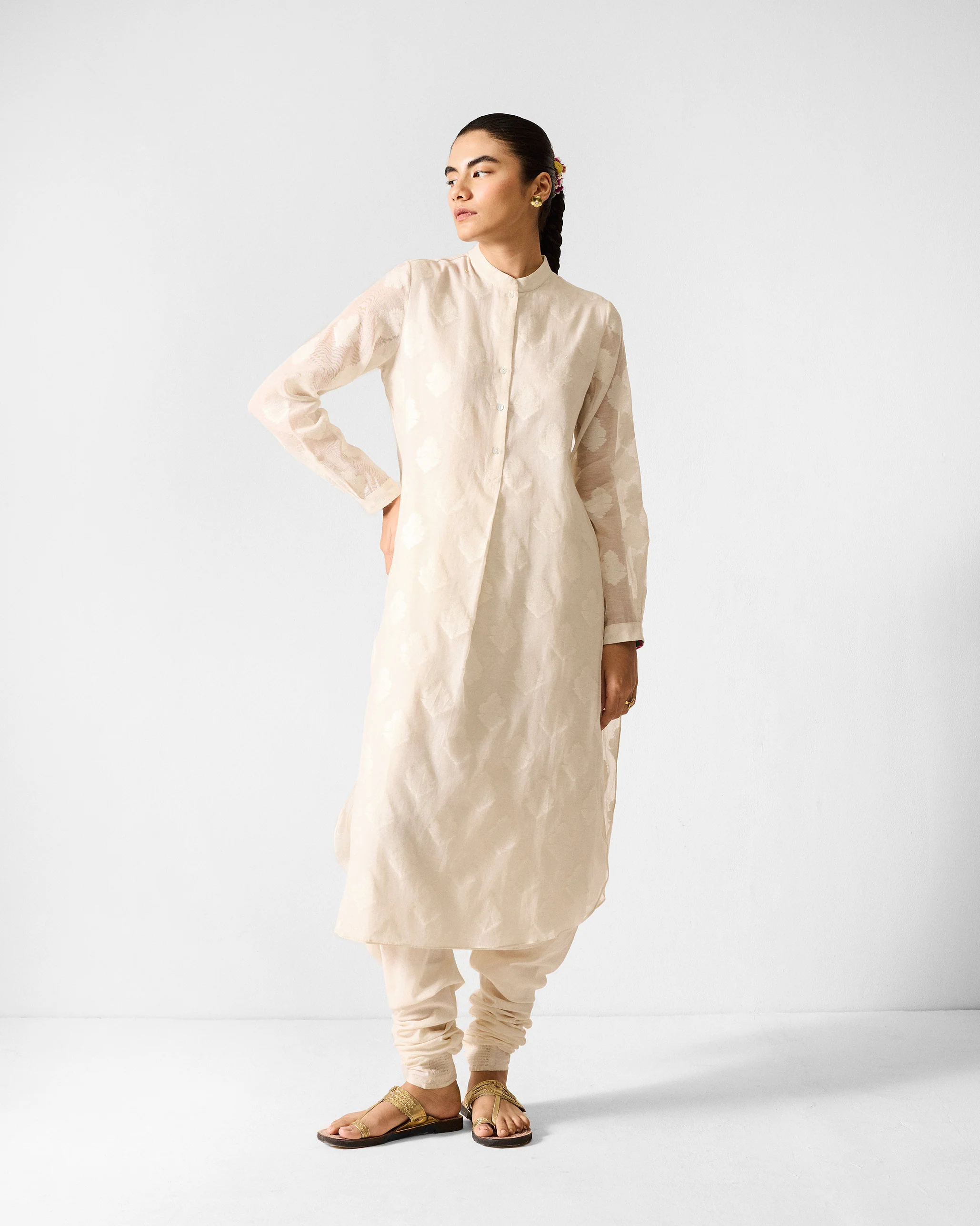 The Basic Long Length Kurta Set - Ivory - Image 4