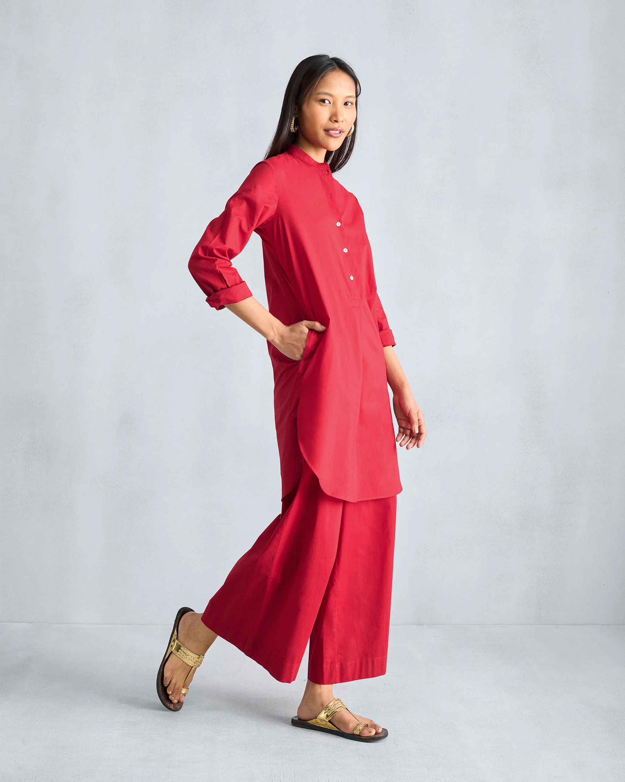 The Basic Mid Length Kurta Set - Red - Image 3