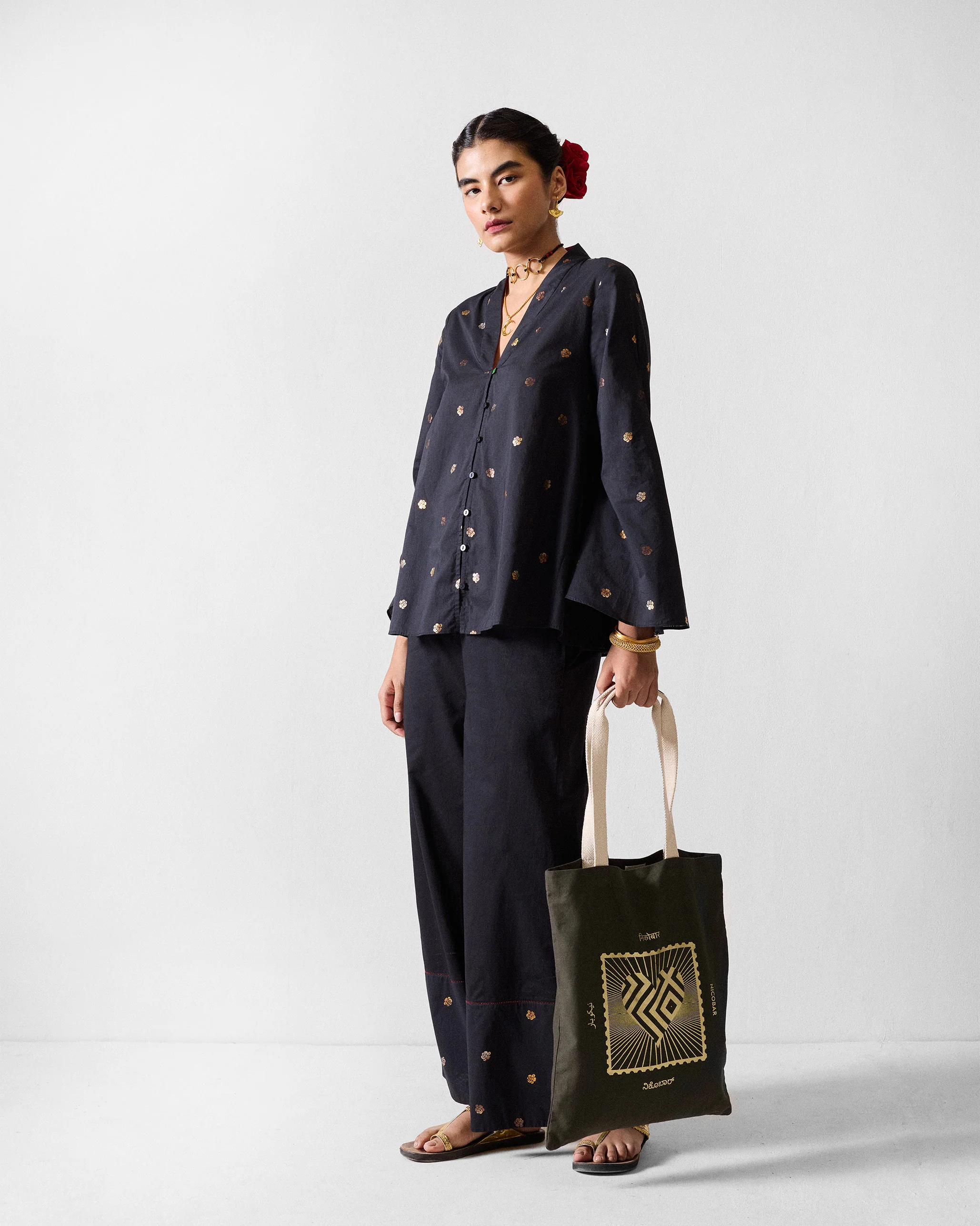 The Tangier Top Set - Black & Gold Printed