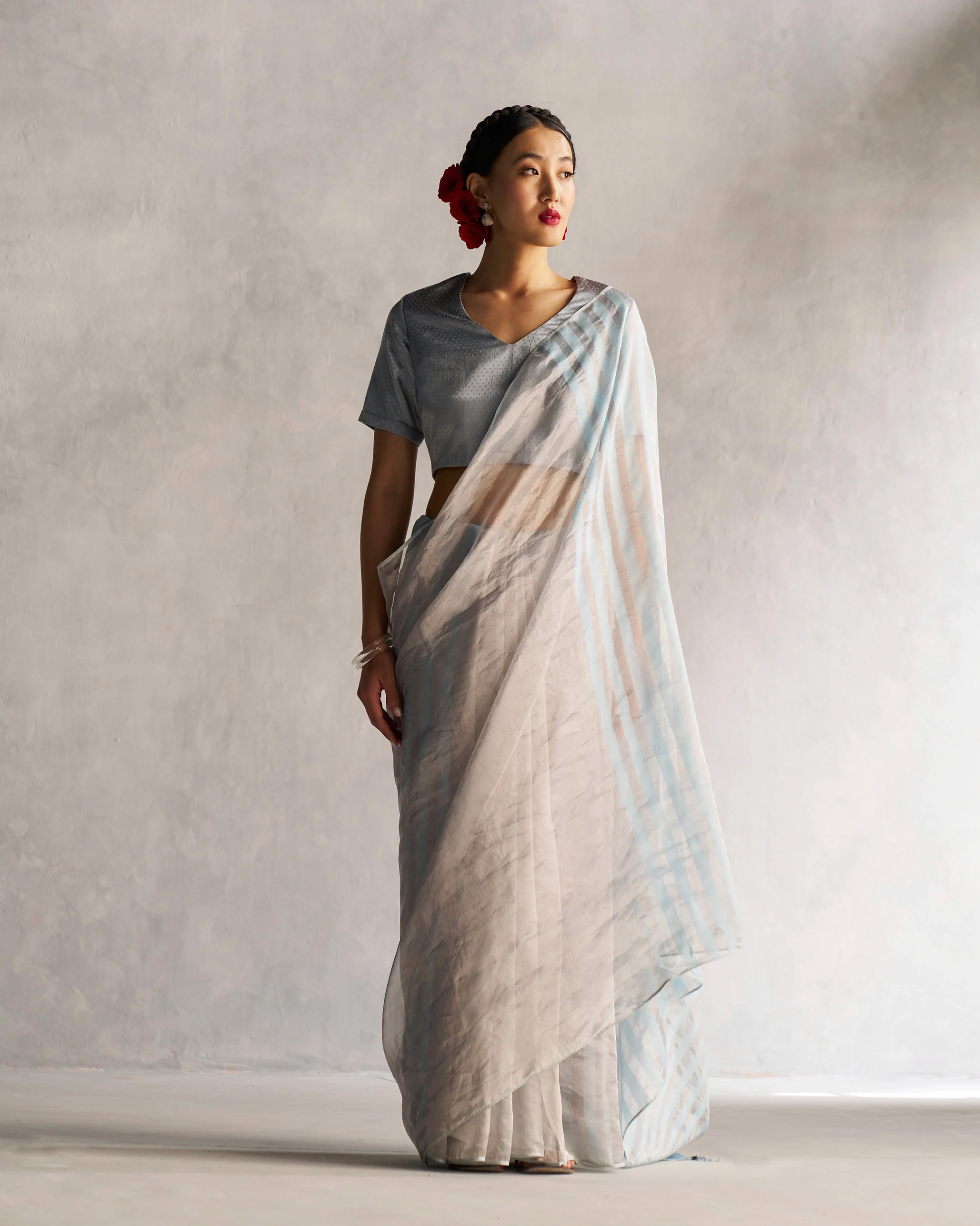 Zari Stripe Sari - Silver & Blue